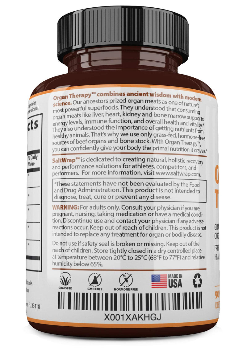 SaltWrap Organ Therapy - Grass Fed Beef Organ Meat Complex Supplement with Organic Bone Broth Concentrate (Beef Liver, Heart, Kidney and Bone Broth Capsules with BioPerine), Desiccated, 90 Capsules - NewNest Australia