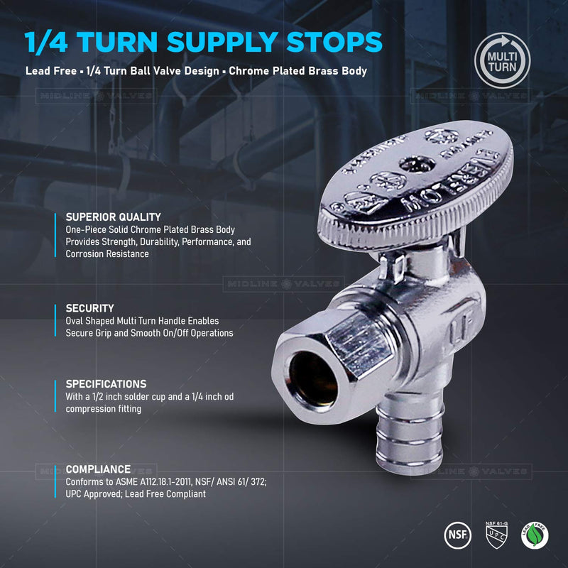 MIDLINE VALVE 81512QS-OM Water Supply Stop Valve with Quarter Turn Wheel; Lead Free; Angle Shut-off for Toilet, Sink, Dishwasher; 1/2 in. PEX x 3/8 in. O.D. COMP; Chrome Plated Brass - NewNest Australia