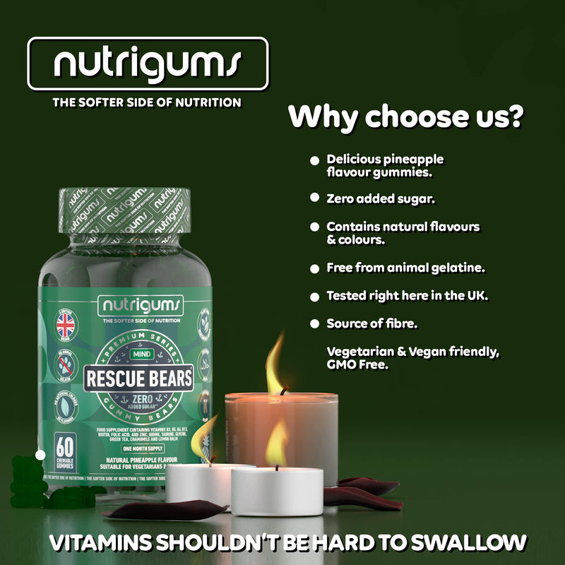 RESCUE BEARS 60 Vegan Gummies. Daytime Stress & Anxiety Relief with Glycine, Taurine, Green Tea, Lemon Balm, Chamomile, Vitamins & Prebiotics for Calming. Pineapple Flavour. - NewNest Australia