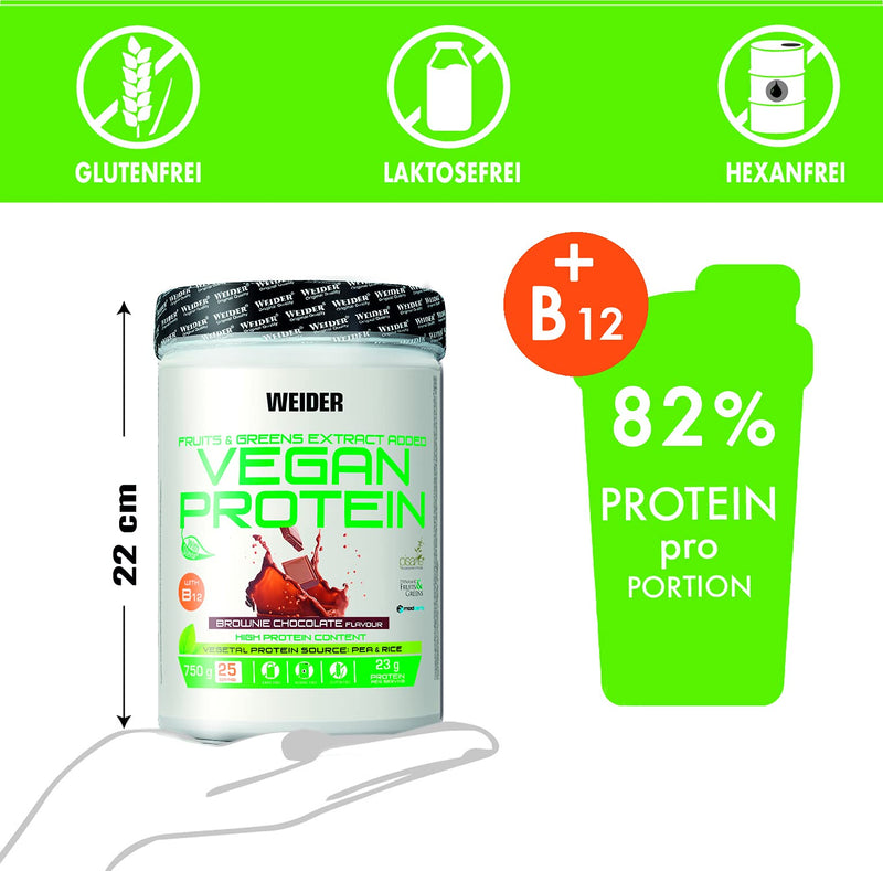 Weider Vegan Protein, Brownie Chocolate, Vegan Protein Powder With Pea & Rice Protein, With Fruit & Vegetable Extracts, No Artificial Sweeteners, No Added Sugar, Gluten-Free, 750G (25 Servings) - NewNest Australia
