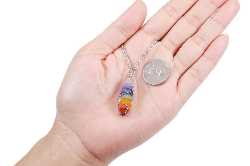 Jovivi 7 Chakra Necklace Reiki Healing Crystal Natural Gemstone Hexagonal Point Handmade Wire Wrapped Quartz Stone Pendant Necklace for Women Men 7 Chakra-Silver Wire Wrap - NewNest Australia