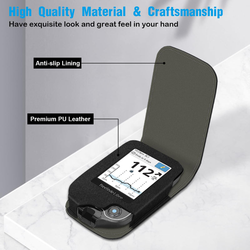 Medmax Case For Freestyle Libre 3/Libre 2/Libre Reader Blood Glucose Monitor, Case With Neck Holder For Hanging, Faux Leather Protective Cover With Carabiner Clip For Diabetics, (Black) - NewNest Australia
