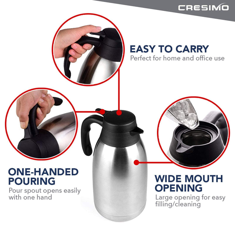 Cresimo 2 Litre Stainless Steel Coffee Jug / Double Walled Vacuum Tea Carafe / 12 Hour Heat Retention / 24 Hour Cold Retention / Thermal Insulated Airpot - NewNest Australia