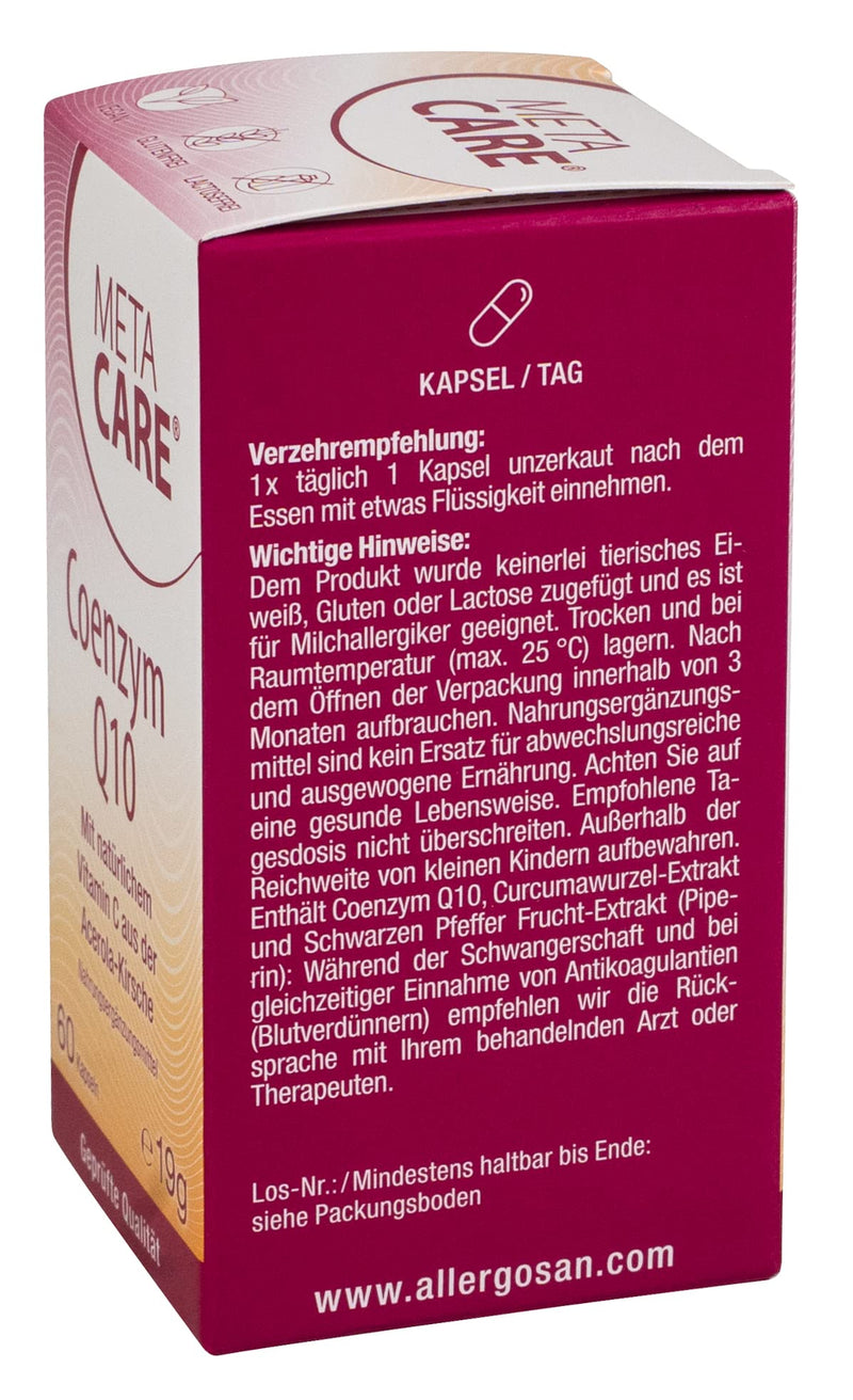 META CARE Coenzyme Q10 - Ideally combined with natural vitamin C from the acerola cherry - Optimized absorption thanks to black pepper extract - 60 capsules, 19 g - NewNest Australia