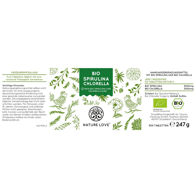Nature Love Organic Spirulina + Organic Chlorella - 3000Mg Spirulina & Chlorella Per Daily Dose - 500 Tablets - No Additives And Certified Organic - High Dosage, Laboratory Tested And 100% Vegan - NewNest Australia