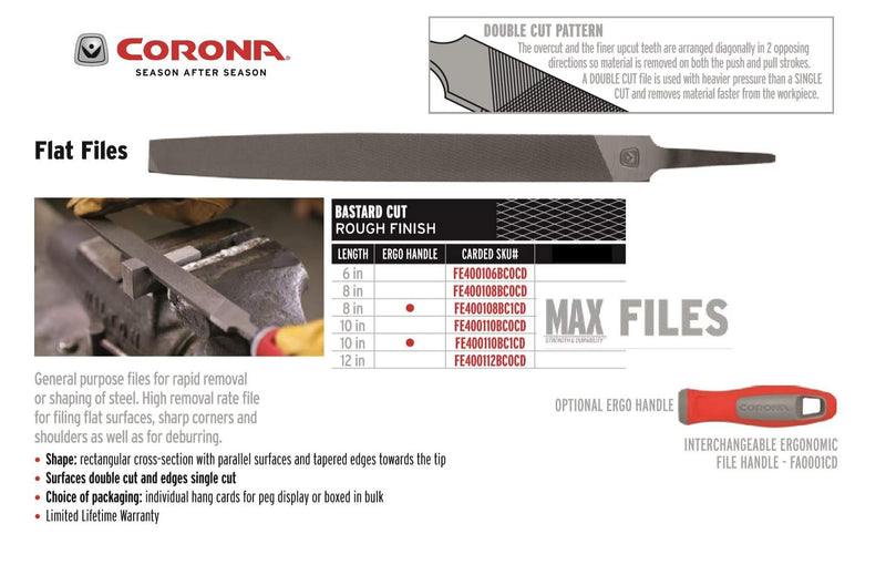 Corona FE400108BC1CD Flat Bastard Cut File with Handle Carded, 8-Inch 8" with Handle - NewNest Australia