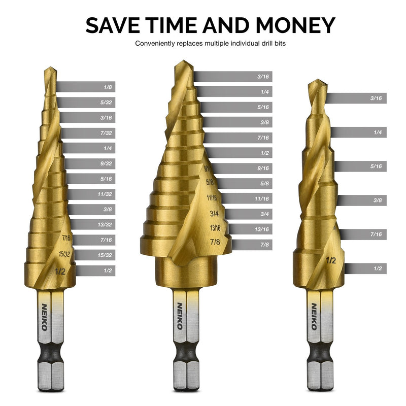 Neiko - 43219-22909 10181A Quick Change HSS Titanium Coated Spiral Grooved Step Drill Bit 3-Piece Set | 31 Step Sizes in One Kit - NewNest Australia