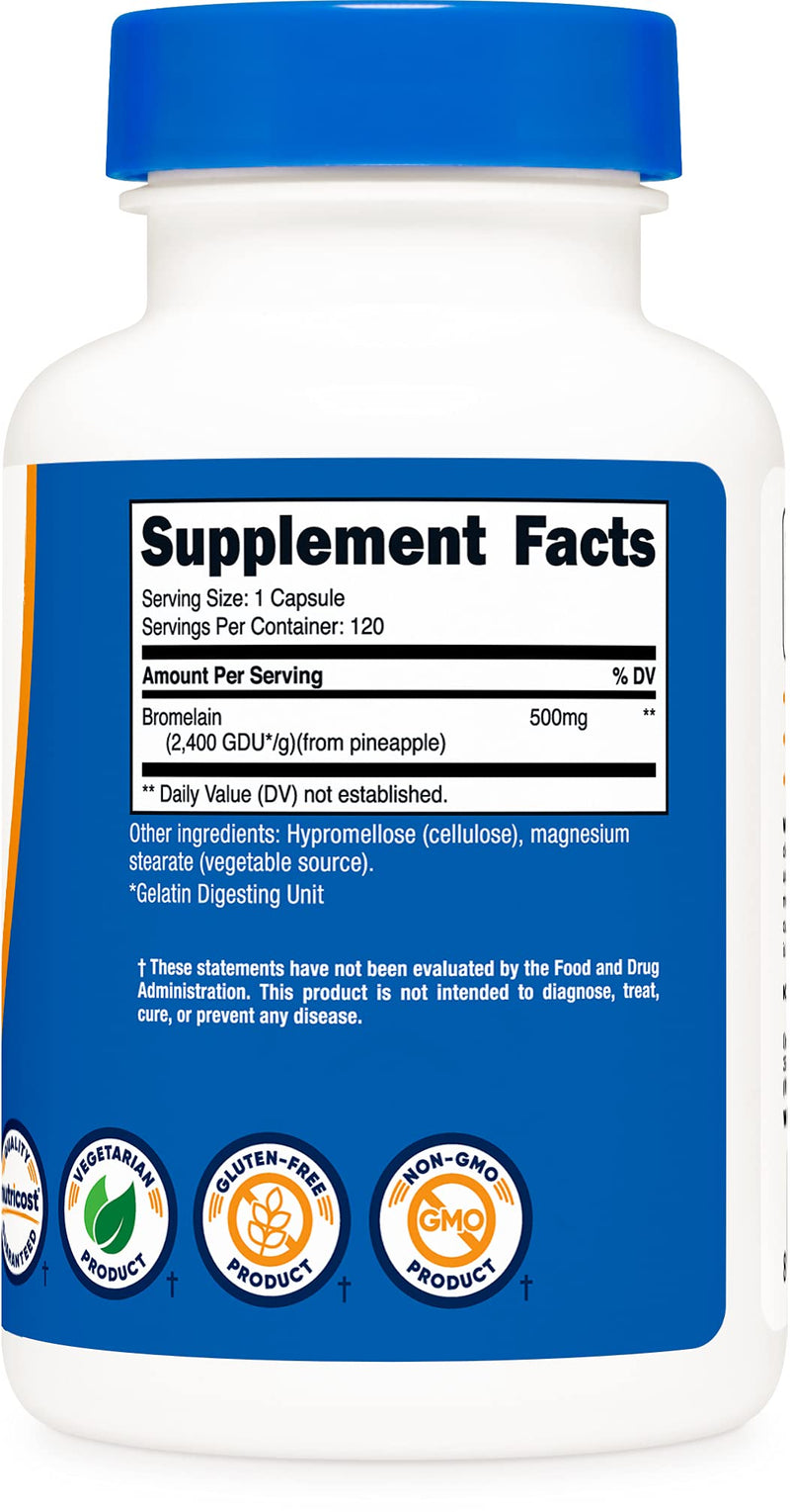 Nutricost Bromelain 500mg, 120 Vegetarian Capsules - Bromelain (2400 GDU/g), Non-GMO, Gluten Free - NewNest Australia
