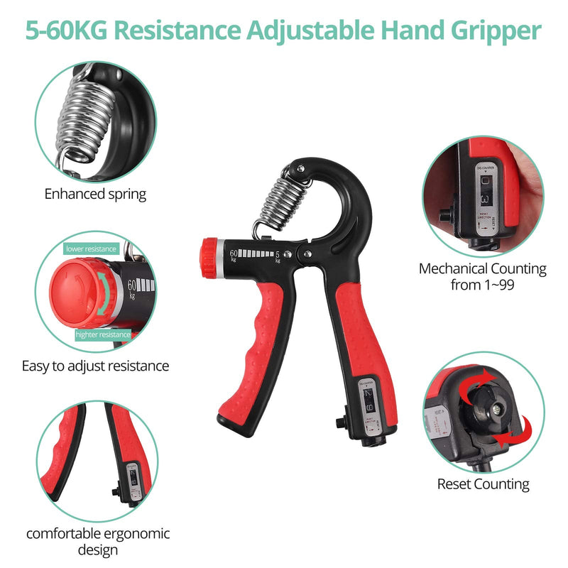 VINTEAM Wrist Strengthener, 6 pcs Hand Grips Strengthener with 5-60KG Adjustable Resistance Forearm Strengthener, Finger Strengthener Stress Ball for Hand Exercise Black-Red - NewNest Australia