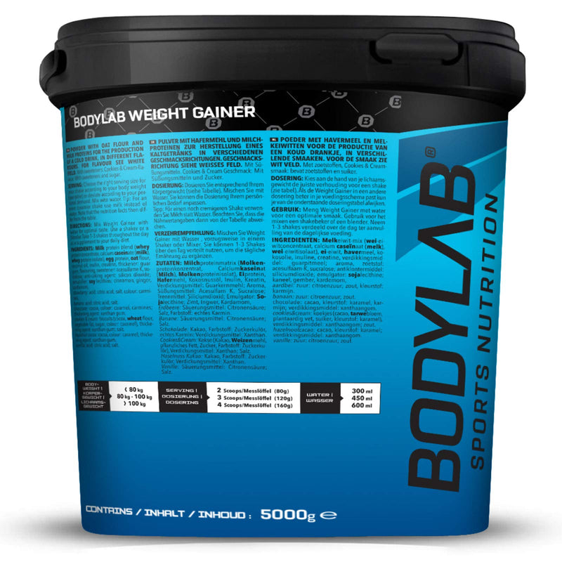 Bodylab24 Weight Gainer Banana 5kg, the ideal shake for the next mass phase, with carbohydrates, fiber and more than 20% protein per serving, enriched with creatine - NewNest Australia