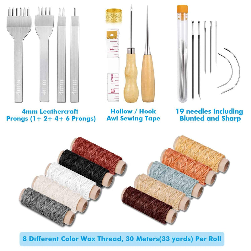 Cridoz 35 Pcs Leather Stitching Pouch Kit with 4mm Prong Sewing Hole Punch, Leather Sewing Tools, Waxed Thread and Large-Eye Stitching Needles for Beginner Leather Sewing Working Crafting Projects - NewNest Australia