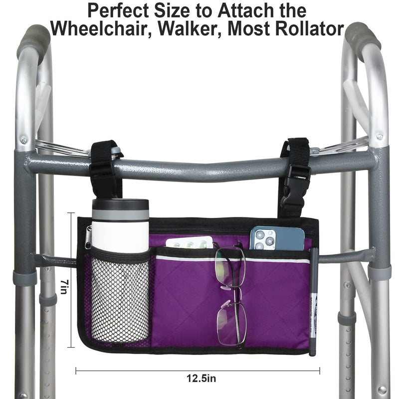 Wheelchair Side Organizer Storage Bag Armrest Pouch with Cup Holder and Reflective Strip, for Most Wheelchairs, Walkers or Rollators (Purple) Purple - NewNest Australia