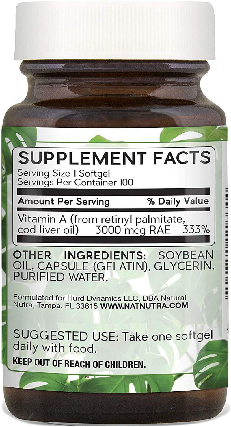 Natural Nutra Vitamin A 10,000 IU, Retinol Palmitate Dietary Supplement from Cod Liver Oil, Extra Strength for Eye, Skin, Nails and Immune Health with Omega 3, 100 Gluten Free Softgels 100 Count (Pack of 1) - NewNest Australia