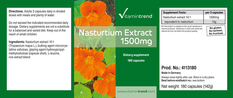 Nasturtium extract 1500mg - 180 capsules - vegan - 10-fold concentrated | Vitamintrend® - NewNest Australia