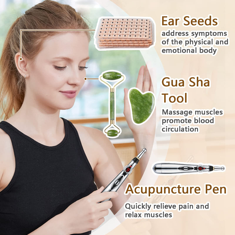 Acupuncture Super Set: 5-Head Electronic Acupuncture Pen + Gua Sha Tool + 600 Ear Seeds + Retractable Acupuncture Pen+ 4 x Extra Massaging Gel+Tweezers+Chart+Batteries (Acupuncture Set(with Chart)) Acupuncture Set(with Chart) - NewNest Australia