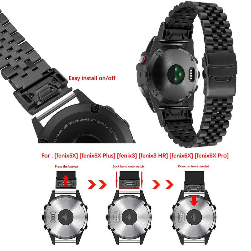 Yingshi 5 Round Strap Compatible for Garmin Fenix 6X 6X Pro Sapphire Editions Fenix 5X Plus Fenix 3 HR Sapphire 26mm Stainless Steel Watch Band Black - NewNest Australia