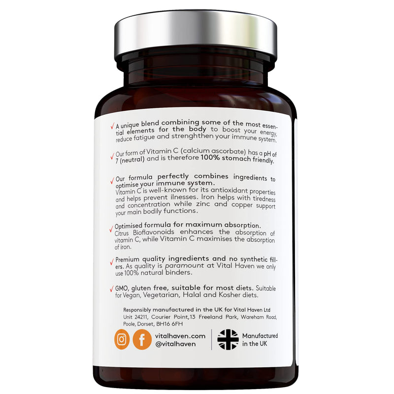 Complex Action Formula: Non-Acid Vitamin C + Iron + Zinc + Copper + Calcium with Citrus Bioflavanoids and Elderberry for Maximum Absorption - Vegan - Premium Ingredients - Made in The UK - NewNest Australia