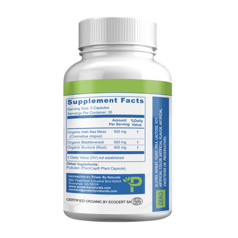 Power By Naturals Certified Organic Sea Moss Plus Supplements with Wildcrafted Irish Sea Moss, Bladderwrack, and Burdock Root, Pure Sea Moss Supplement, Vegan, No Fillers, 60 SeaMoss Powder Capsules - NewNest Australia