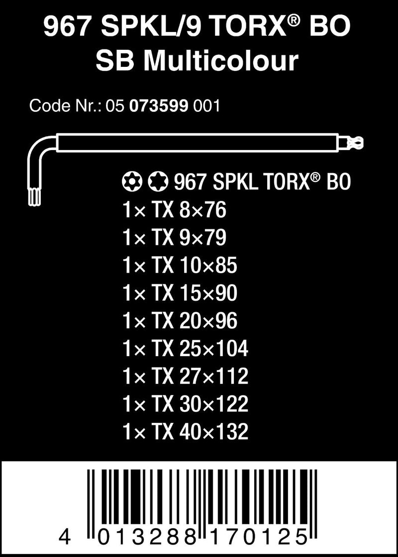 Wera 05073599001 967 Spkl/9 Torx Bo Multicolor L-Key Set for Tamper-Proof Torx Screws, Blacklaser, 9 Pieces Original Version - NewNest Australia