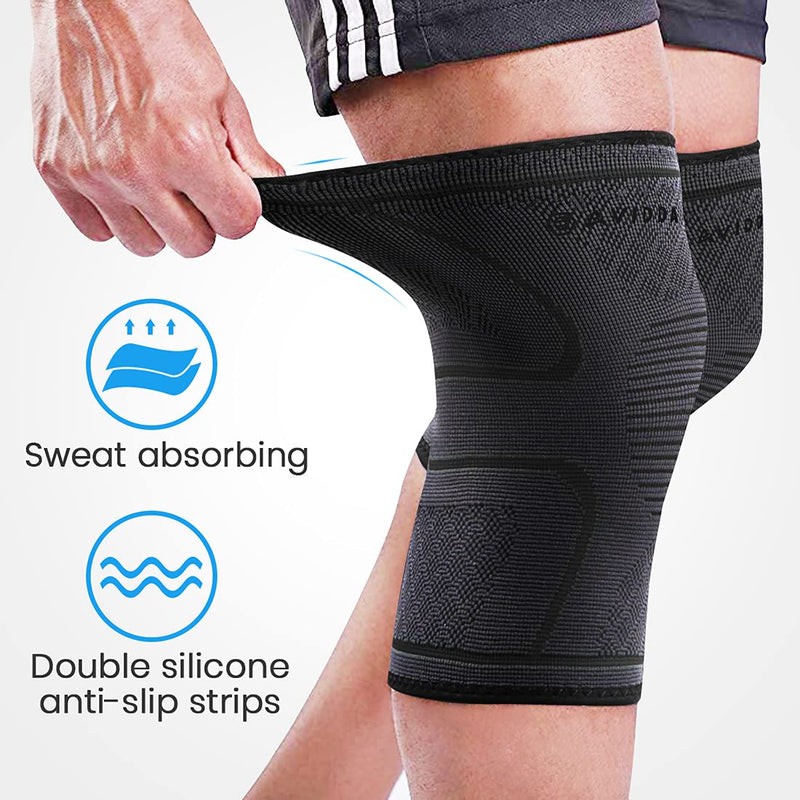 AVIDDA Knee Support Brace 2 Pack - Compression Knee Sleeves for Arthritis, Joint Pain, Ligament Injury, Meniscus Tear, ACL, MCL, Tendonitis, Running, Squats, Sports Grey Black M - NewNest Australia