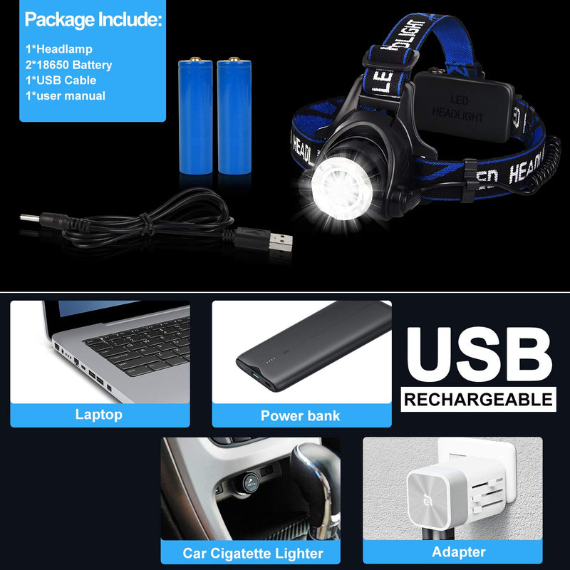 Headlamp, High Lumen USB Rechargeable LED Headlamps, Zoomable Lightweight 3 Modes Head Lamp, Adjustable IPX4 Waterproof Headlamp Flashlight for Adults, Hiking, Running, Camping (Battery Include) - NewNest Australia