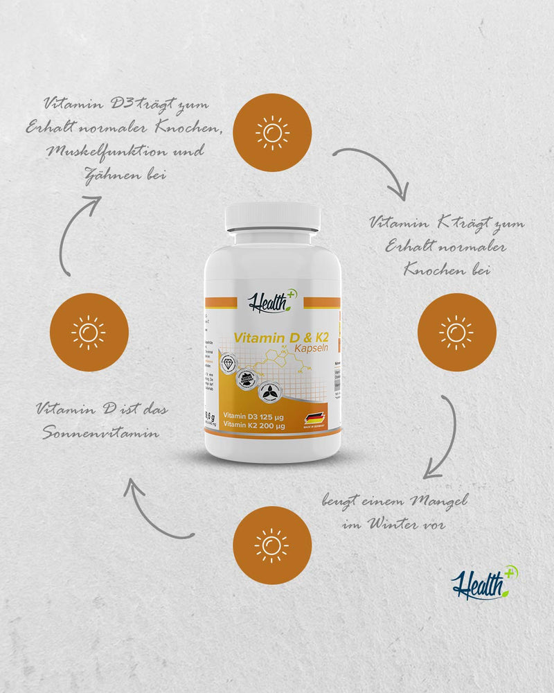 Health+ Vitamin D3 & K2, 90 capsules each with 5000 IU vitamin D3 and 200 mcg vitamin K2, high-dose vitamin D capsules, made in Germany - NewNest Australia