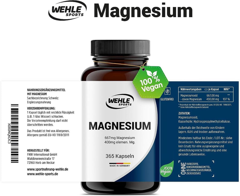 Magnesium 400mg capsules, high dosage - 365 pieces (1 year) 667mg per capsule, of which 400mg is elemental magnesium I Laboratory tested Vegan - Wehle Sports - NewNest Australia