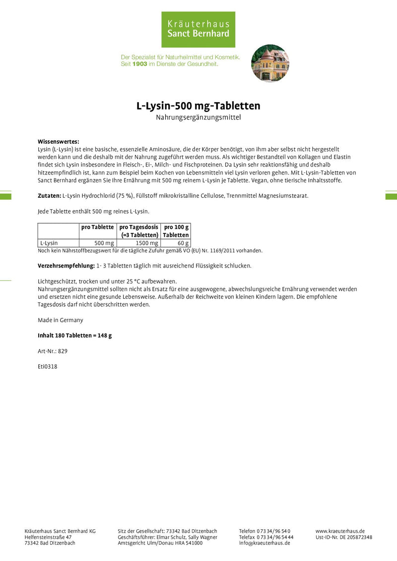 Sanct Bernhard L-Lysine 500mg | Amino acid tablets | Vegan | 180 tablets for 2 months - NewNest Australia