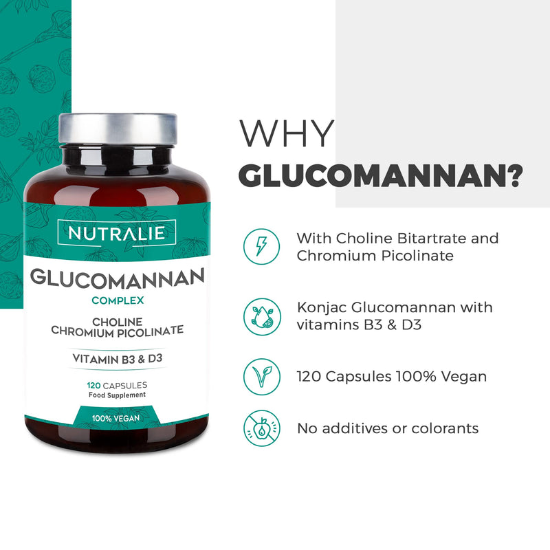 Nutralie Glucomannan Konjac | Helps Lose Weight, 100% Natural Appetite Suppressant With Choline Bitartrate, Chromium Picolinate And Vitamins B3 And D3 | 120 Vegan Capsules - NewNest Australia