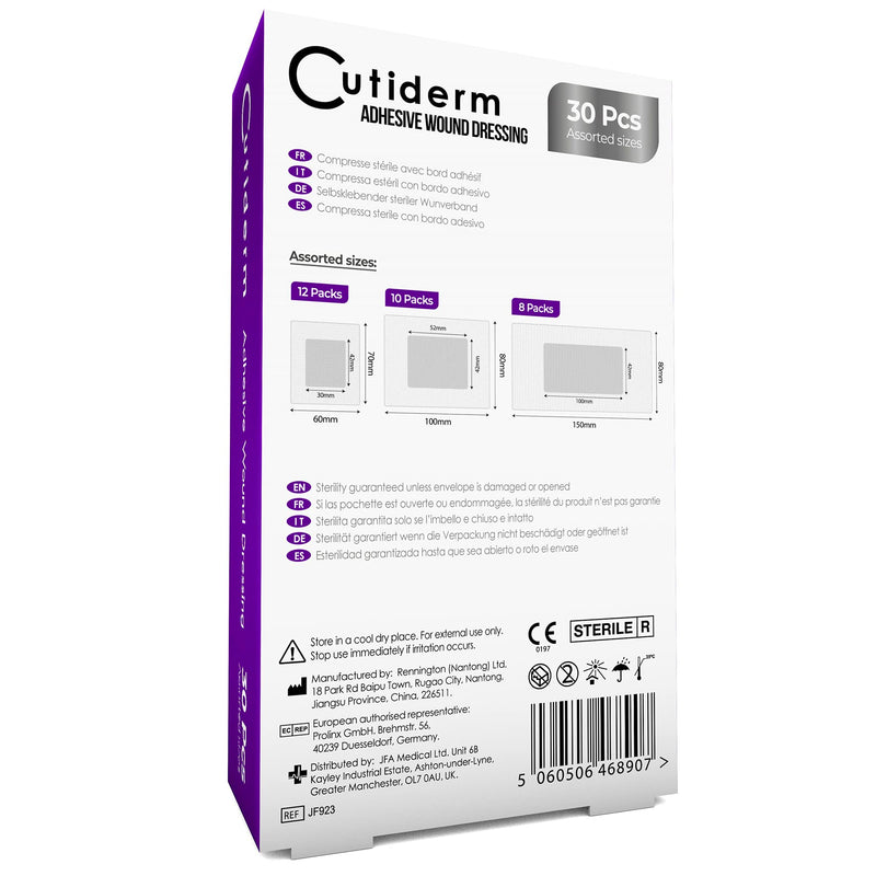 Pack of 30 Cutiderm Assorted Adhesive Sterile Wound Dressings Suitable for cuts and grazes, Diabetic Leg ulcers, venous Leg ulcers, Small Pressure sores - NewNest Australia