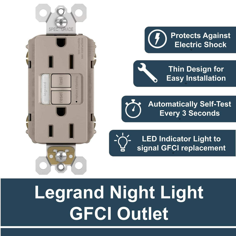 Legrand radiant Night Light, Self-Test GFCI Outlets, Safe for Kids, Tamper Resistant, Brushed Nickel, 15 Amp, 1597NTLTRNICC4 - NewNest Australia