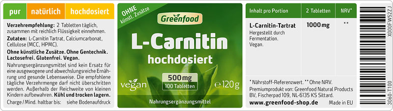 L-Carnitine, 500 mg, high dose, 100 tablets, vegan - obtained through fermentation. WITHOUT artificial additives. Without genetic technology. - NewNest Australia