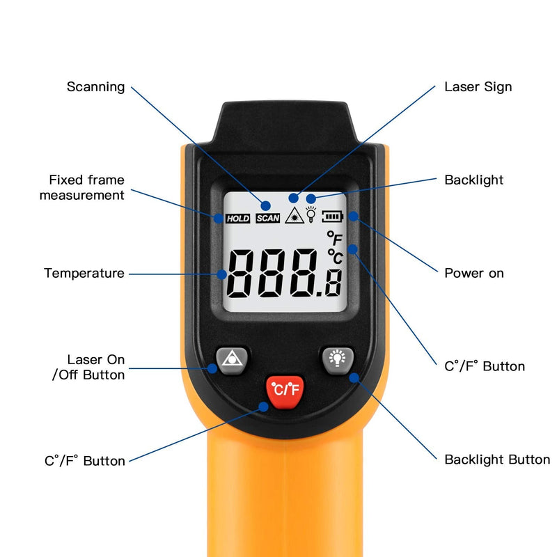 Laser Infrared Thermometer Non-Contact Digital Temperature Gun，-50°C to 400°C(-58°F to 752°F) IR Thermometer for Industrial,Kitchen Cooking,Ovens (Orange) - NewNest Australia