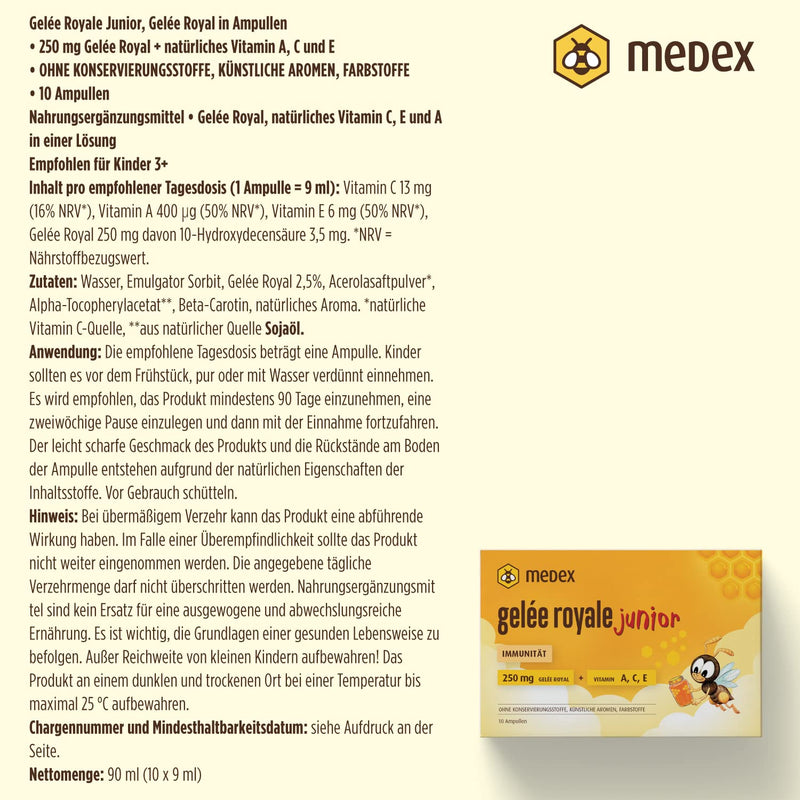 Medex Royal Jelly Junior, Fresh Royal Jelly 250 Mg, With Natural Vitamins A, C, E, Excellent Taste, Without Sweeteners, For Children From 3+, Liquid In Ampoules 10 X 9 Ml - NewNest Australia