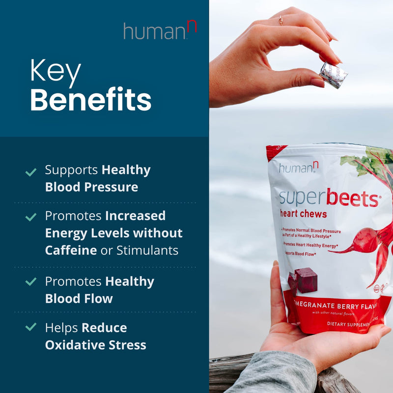 HumanN SuperBeets Heart Chews - Nitric Oxide Production for Daily Blood Pressure Support & Circulation - Grape Seed Extract & Non-GMO Beet Energy Chews - Pomegranate Berry Flavor, 60 Count - NewNest Australia
