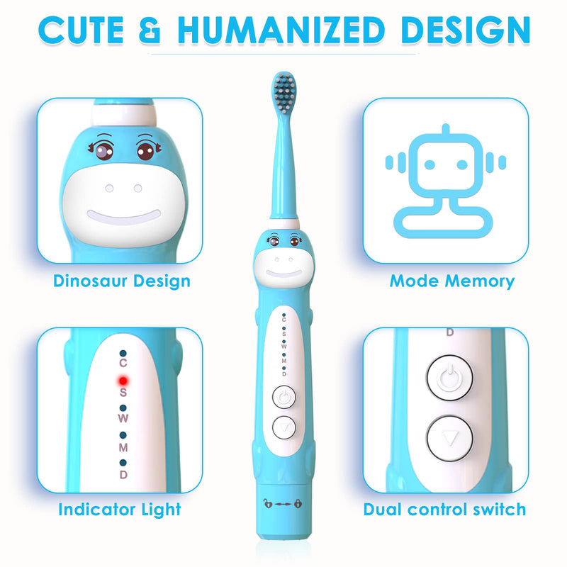 Dinosaur Toothbrush, Kids Sonic Electric Toothbrush for Children, Toddlers Boys Girls Age 3-12 with 30s Reminder, 2 Mins Timer, 5 Modes, 6 Brush Heads, Rechargeable, Wall-Mounted Holder 8680 Blue+ 6 Heads+ Holder(package Might Vary) - NewNest Australia