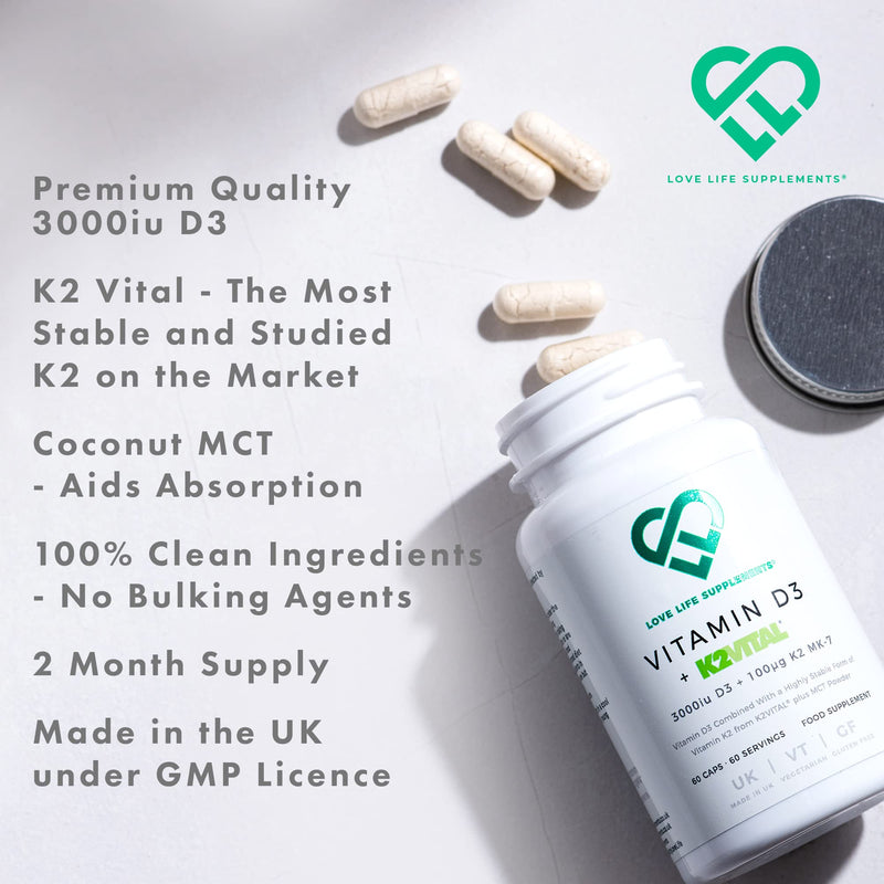 Vitamin D3 + K2 MK-7 (K2VITAL® - Superior Form of K2) by LLS | 60 Capsules | 3000iu D3 + 100μg K2 MK-7 | Includes MCT Powder for Increased Absorption | Love Life Supplements - Premium UK Supplements - NewNest Australia