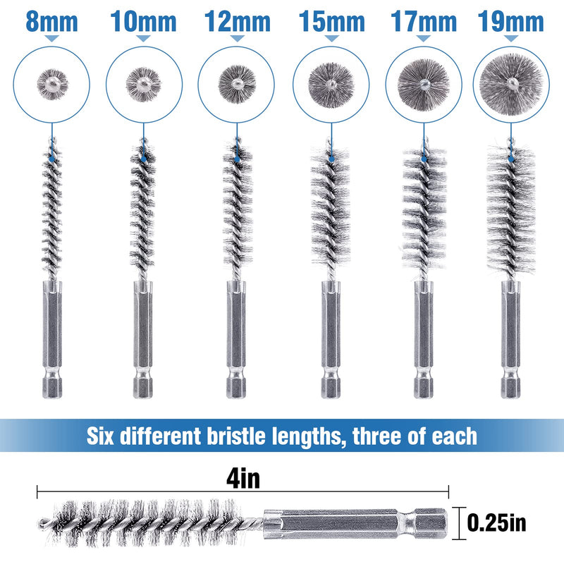18-Piece Bore Brush Set- Stainless Steel Bore Brushes with 1/4" Hex Shank Twisted Wire Bore Brushes with Different Bristle Lengths for Tubes Ports Bearings Cleaning (8mm, 10mm, 12mm, 15mm, 17mm, 19mm) - NewNest Australia
