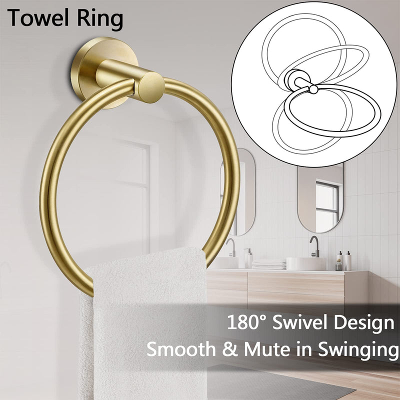 Pynsseu Brushed Gold Bathroom Accessories, SUS 304 Stainless Steel Wall Mount Hand Towel Ring Toilet Paper Roll Holder Hardware Set - 2 Pieces - NewNest Australia