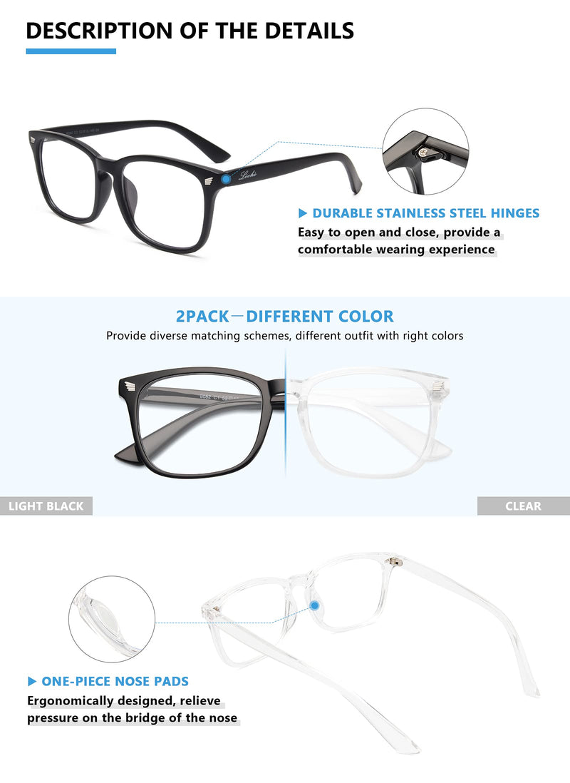 livho 2 Pack Blue Light Blocking Glasses, Computer Reading/Gaming/TV/Phones Glasses for Women Men,Anti Eyestrain & UV Glare (Light Black+Clear) *B1 Light Black+clear Clear - NewNest Australia