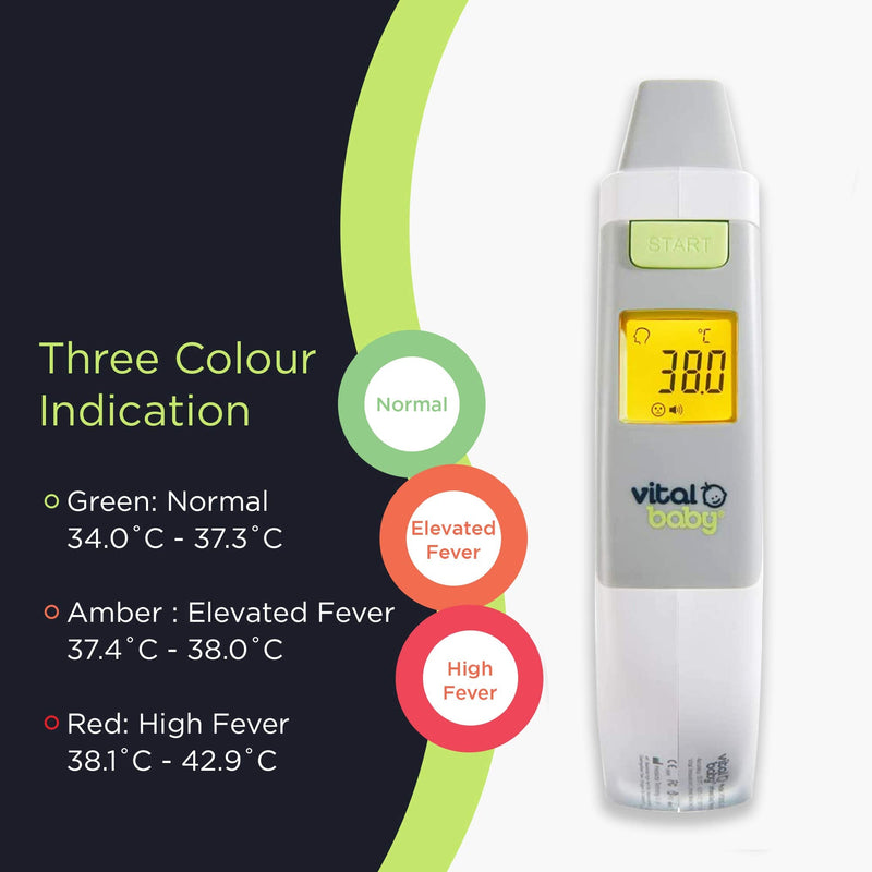Vital Baby PROTECT 4 in 1 Contactless Thermometer - Different Modes Including Forehead, Ear, Room and Liquid - LCD Display - Colour Change Fever Alert - No Touch Temperature Checker Gun - NewNest Australia