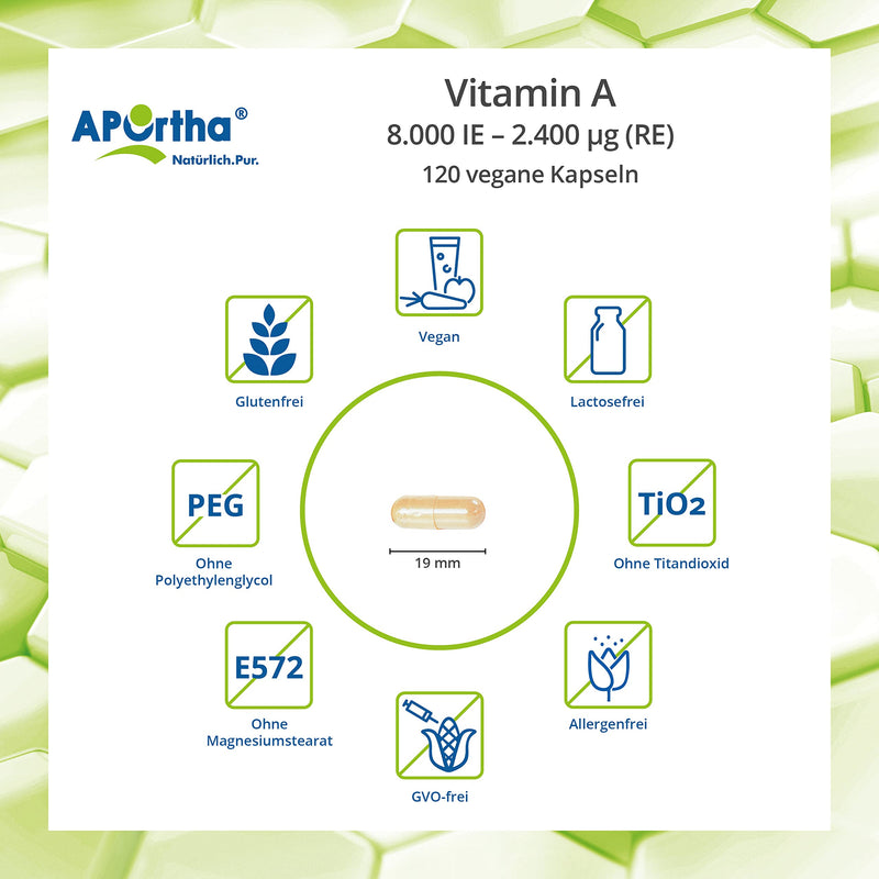 APOrtha® - Vitamin A 8,000 IU (2,400 µg) - 120 vegan capsules, high dosage and easy to swallow, made from retinyl acetate, allergen-free, vegan, gluten-free - NewNest Australia