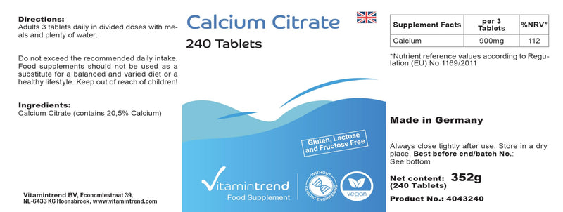Calcium 900mg - made from calcium citrate - 240 vegan calcium tablets - high dosage | Vitamintrend® - NewNest Australia