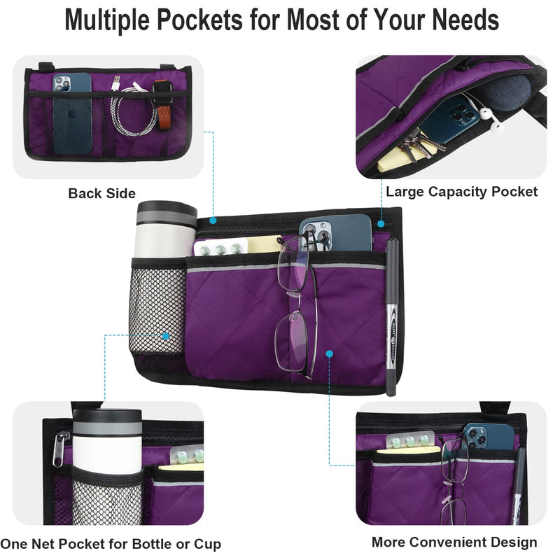 Wheelchair Side Organizer Storage Bag Armrest Pouch with Cup Holder and Reflective Strip, for Most Wheelchairs, Walkers or Rollators (Purple) Purple - NewNest Australia