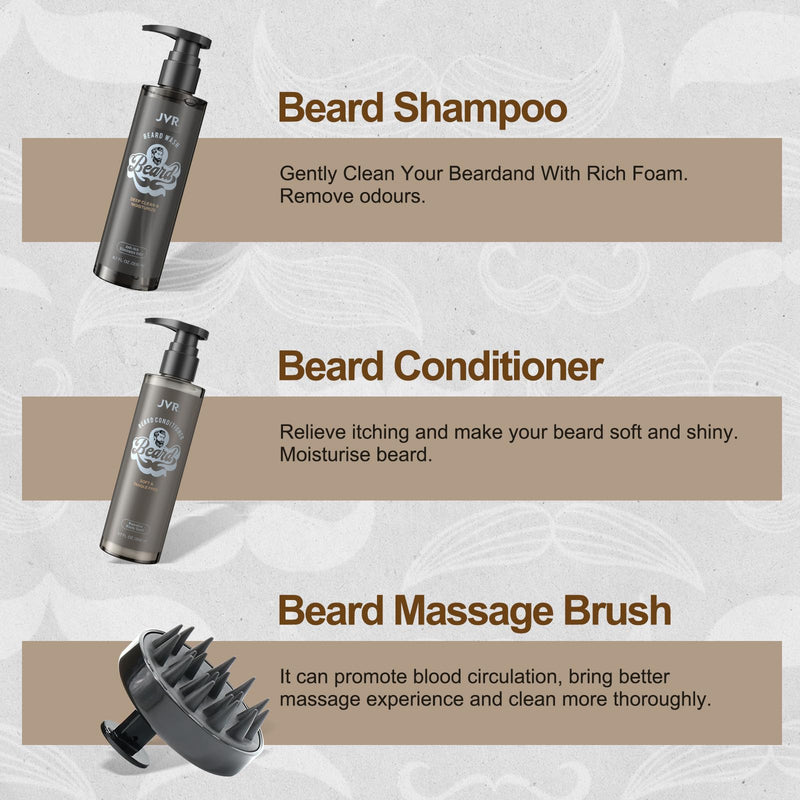 JVR Beard Wash Set, Beard Growth Care Men's Beard Wash Set Softens & Moisturizes Beard, Beard Care Set with Beard Shampoo, Beard Conditioner, Beard Massage Brush (Grey) Black 1 - NewNest Australia