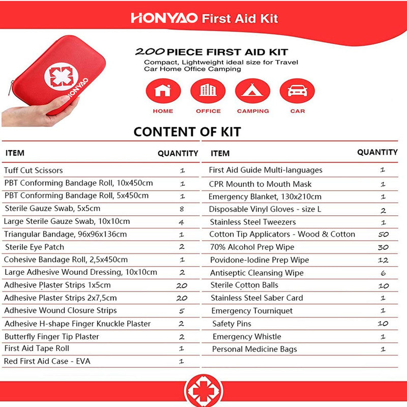 Honyao First Aid Kit, 200 Piece Compact Medical Survival Kit/Box With Lightweight Hard Case For The Car, Motorcycle, Home, Workplace, Outdoors, Camping, Hiking, Emergencies - NewNest Australia