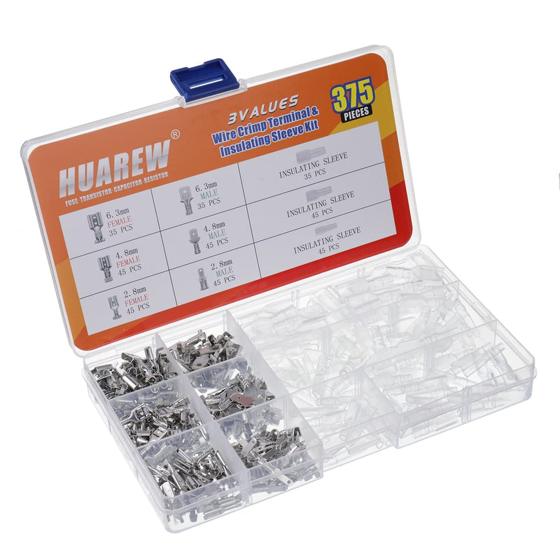HUAREW 3 Values 375 Pcs 2.8/4.8/6.3mm Male and Female Wire Spade Connecto Crimp Terminal Insulating Sleeve Kit for Car Audio Speaker Electrical Wiring - NewNest Australia