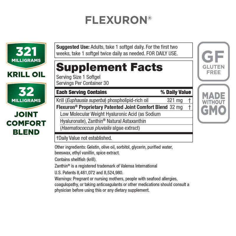 Flexuron Joint Formula by Purity Products - 3X Better Than Glucosamine and Chondroitin - Starts Working in just 7 Days - Krill Oil, Low Molecular Weight Hyaluronic Acid, Astaxanthin - 30 Count (1) - NewNest Australia