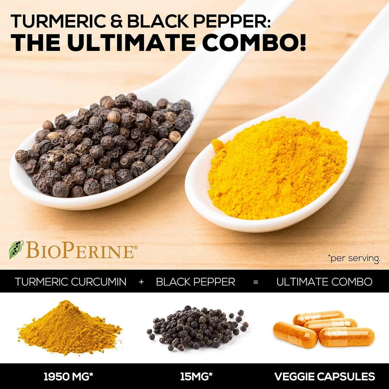 Turmeric Curcumin Highest Potency 95% Curcuminoids 1950mg with BioPerine Black Pepper for Ultra High Absorption, Made in USA, Best Vegan Joint Support by Natures Nutrition - 60 Capsules 60 Count (Pack of 1) - NewNest Australia