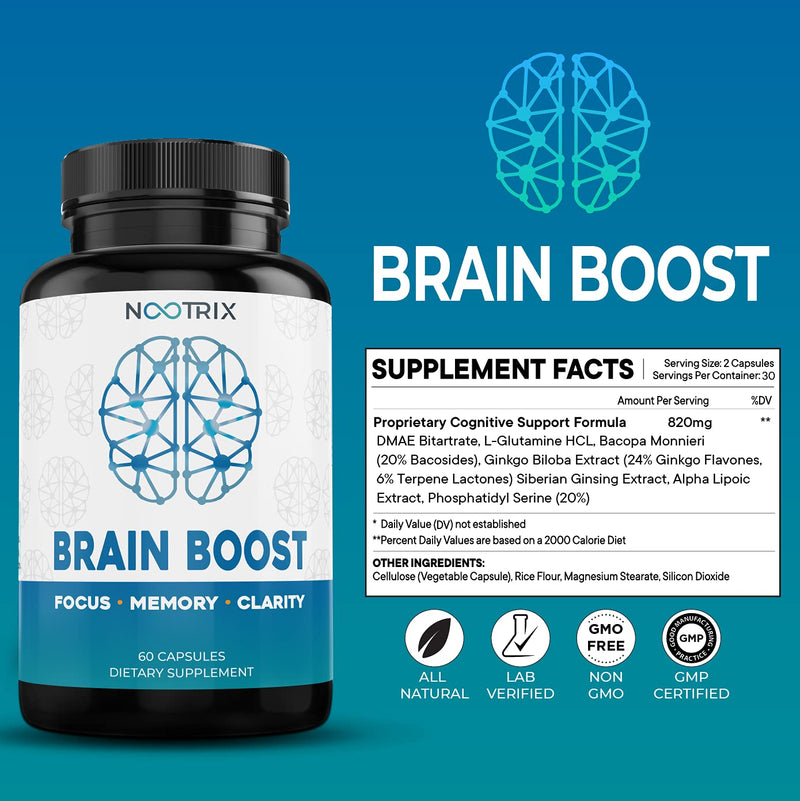 Brain Boost by Nootrix - (2-Pack) 120 Capsules - Premium Nootropic Supplement - Improves Cognitive Function & Memory, Enhances Focus, Boosts Concentration & Provides Clarity for Men and Woman - NewNest Australia